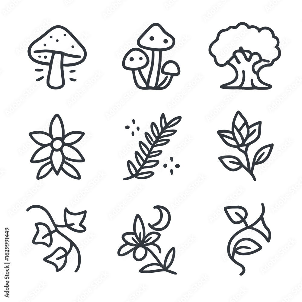 Obraz premium Enchanted Forest Icons. Outline icon set of enchanted forest flora: glowing mushroom, toadstool cluster, ancient oak tree, fairy
