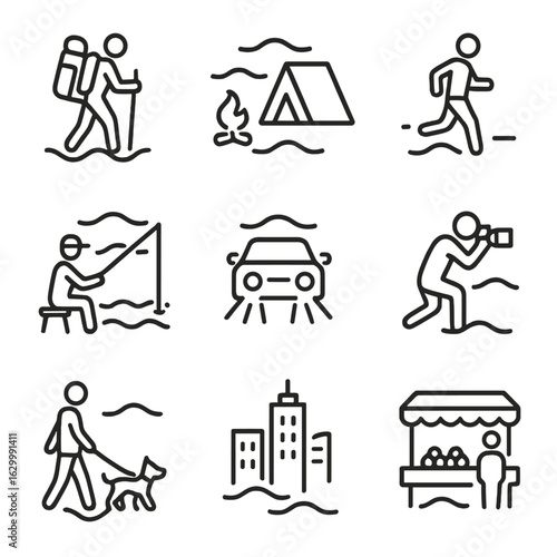 Misty Activity Icons. Outline icon set of mist human activities: hiking in fog, camping under mist, morning jog, fishing in mist,