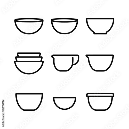 Mixing Bowl Icons. Outline icon set of mixing bowls: glass mixing bowl, metal mixing bowl, plastic mixing bowl, nested bowls, bowl