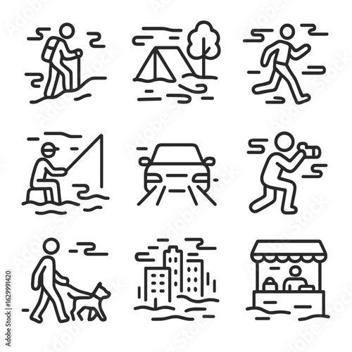 Misty Activity Icons. Outline icon set of mist human activities: hiking in fog, camping under mist, morning jog, fishing in mist,