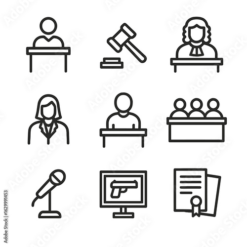 Courtroom Icons Set. Outline icon set of courtroom scenario: witness stand, gavel, judge, lawyer, defendant, jury, microphone,