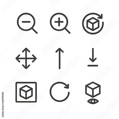 3D Modeling Icons. Outline icon set of 3D modeling view controls: zoom out, zoom in, rotate view, pan view, pan up, pan down, fit
