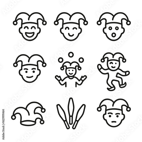 Court Jester Expressions. Outline icon set of court jester expressions: laughing face, wink, surprised face, mischievous grin,