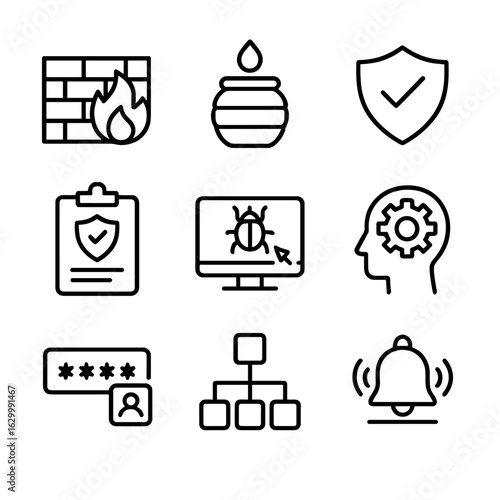 Cyber Defense Icons. Outline icon set of cyber defense strategies: firewall, honeypot, antivirus shield, security audit,