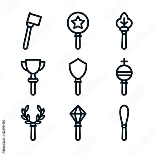 Modern Scepters Icon Set. Outline icon set of modern scepters: corporate baton, award scepter, ceremonial baton, trophy scepter,