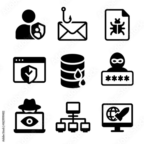 Cybersecurity Threat Icons. Solid, filled icon set of cybersecurity threats in big data: insider threat, phishing email, malware