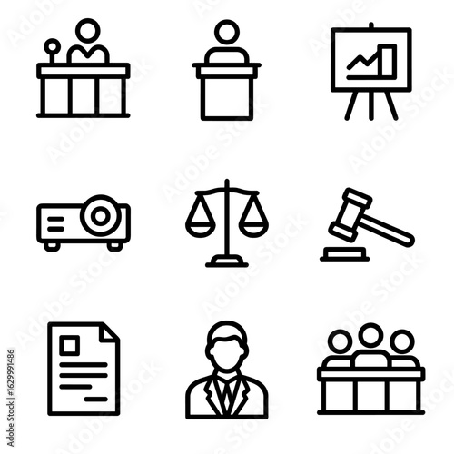 Courtroom Icon Set. Outline icon set of evidence presentation: courtroom, witness stand, exhibit board, projector, scale, judge’s