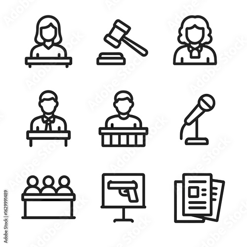 Courtroom Icons Set. Outline icon set of courtroom scenario: witness stand, gavel, judge, lawyer, defendant, jury, microphone,