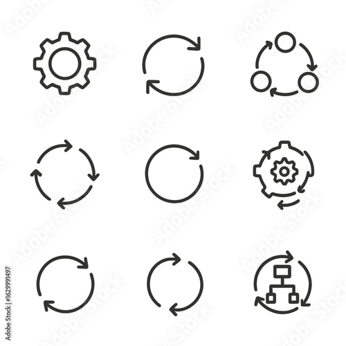 Cycle Process Icons. Outline icon set of cycle processes: gear cycle, rotating arrows, feedback loop, system flow, circular