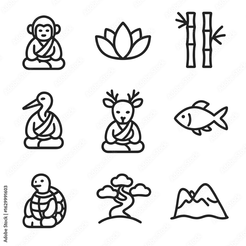 Fototapeta premium Monk Animal Icons. Outline icon set of monk animals and nature: lotus, bamboo, crane, deer, fish, turtle, pine tree, butterfly,