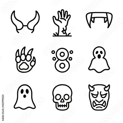 Monstrous Icon Set. Outline icon set of monstrous creatures: demon horn, zombie hand, vampire fangs, werewolf claw, giant spider