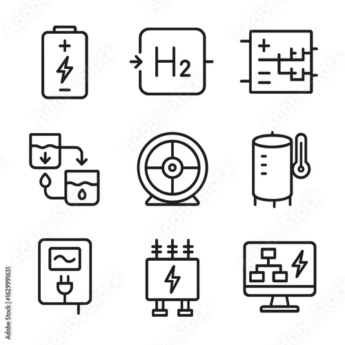Energy Storage Icons. Outline icon set of energy storage and conversion: lithium-ion battery, hydrogen fuel cell, supercapacitor,