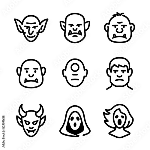 Monstrous Icon Set. Outline icon set of monstrous creatures: goblin, orc, troll, ogre, cyclops, giant, demon, wraith, banshee.