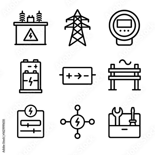 Energy Icon Set. Outline icon set of energy distribution and storage: transformer substation, power line, smart meter, energy