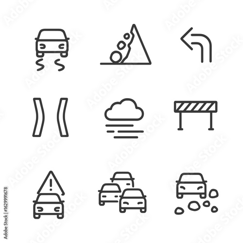 Crash Hazard Icons. Outline icon set of crash hazards: slippery road, falling rocks, sharp turn, narrow bridge, low visibility,