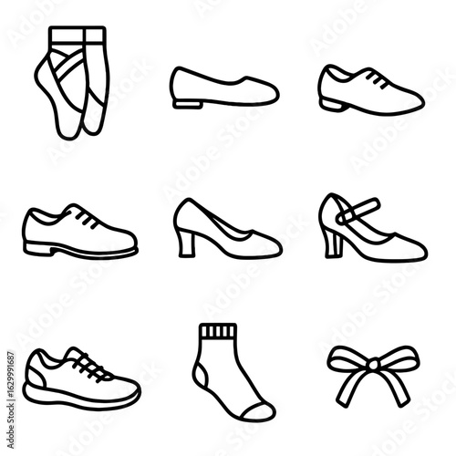 Dance Shoes Icons. Solid, filled icon set of ballet slippers and dance shoes: pointe shoes, ballet flats, jazz shoes, tap shoes,