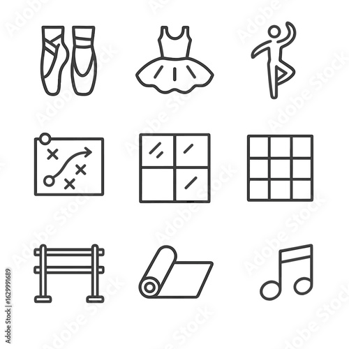 Dance and Corporate Icons. Outline icon set of dance ensemble: ballet shoes, tutu, dance pose, mirror wall, choreo chart, dance