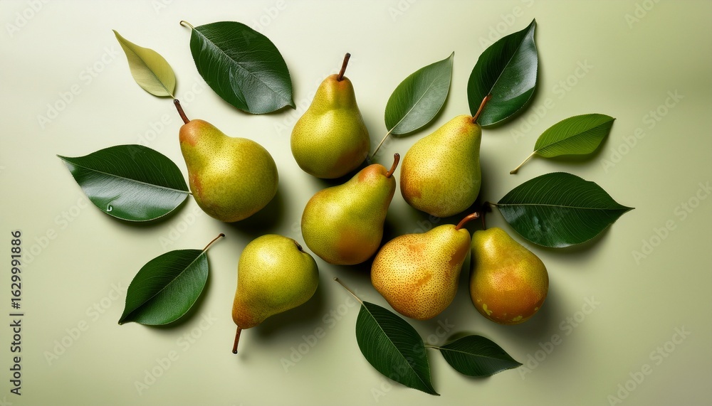 Obraz premium aerial perspective of fresh pears accompanied by their leaves