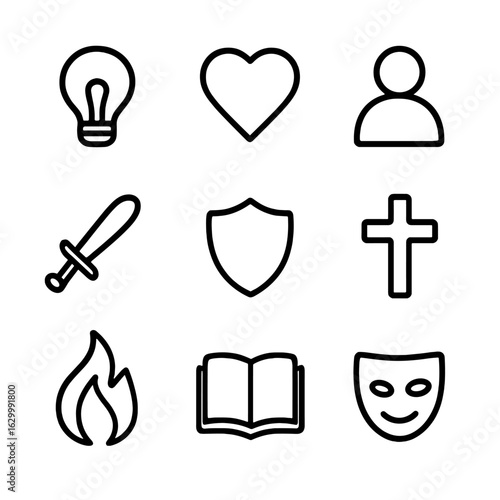 Moral Concepts Icons. Outline icon set of moral concepts: light bulb, heart, shadow, sword, shield, cross, fire, book, mask. Line
