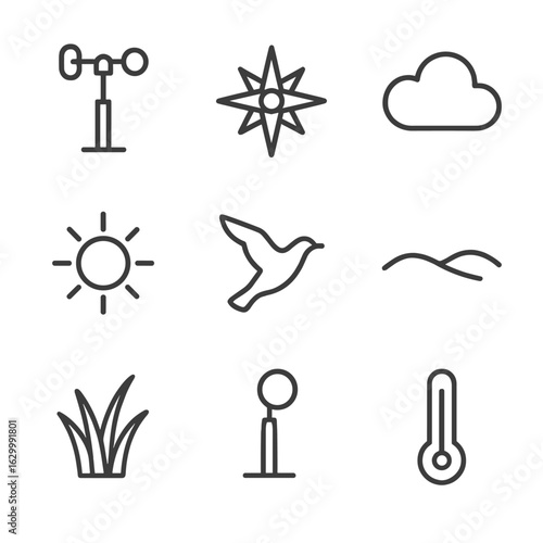 Environmental Icons Grid. Outline icon set of environmental monitoring elements: meteorological station, wind rose diagram, cloud
