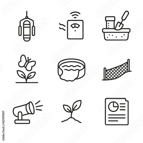 Environmental Monitoring Icons. Outline icon set of environmental monitoring: water sampler, air quality sensor, soil test kit,