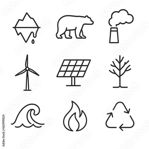 Environmental Impact Icons. Outline icon set of environmental symbols and impacts: melting iceberg, polar bear silhouette,