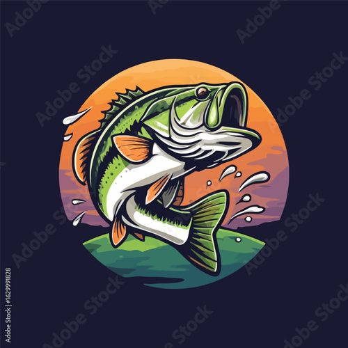 Jumping largemouth bass at sunset. Fishing sport mascot vector logo illustration.