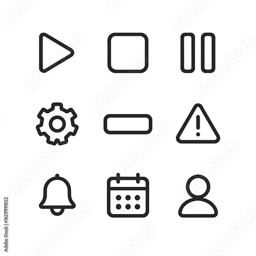Crawler Control Icons. Outline icon set of crawler control panel: start button, stop button, pause, settings gear, progress bar,