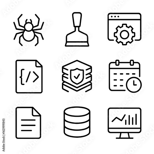 Crawler Tools Icon Set. Outline icon set of crawler tools and software: spider bot, scraper tool, API request, browser automation,