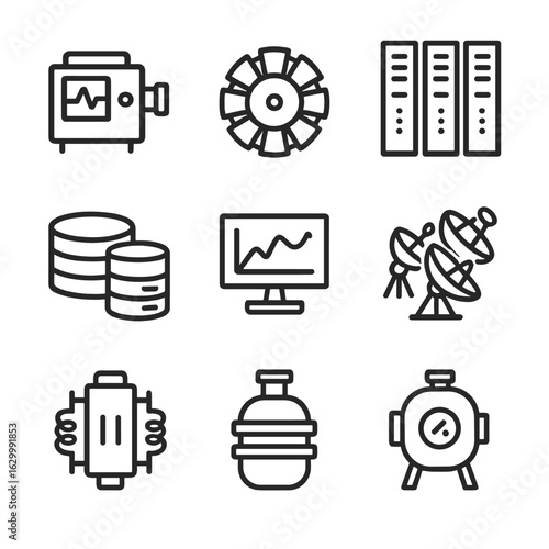 Dark Matter Icon Set. Outline icon set of dark matter research tools: spectrometer, particle accelerator, supercomputer, data