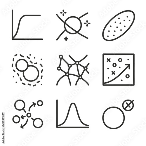 Dark Matter Icons. Outline icon set of dark matter evidence: galaxy rotation curve, gravitational lens, CMB anisotropy, Bullet