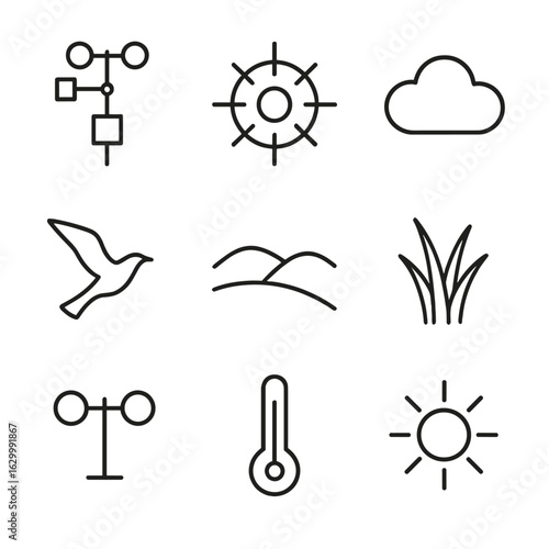 Environmental Icons Grid. Outline icon set of environmental monitoring elements: meteorological station, wind rose diagram, cloud