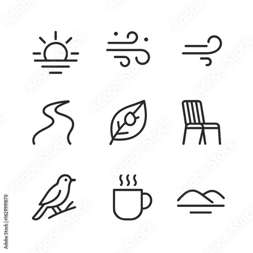 Morning Outdoors Icons. Outline icon set of early morning outdoors: rising sun, fresh air, light breeze, walking path, dew-covered