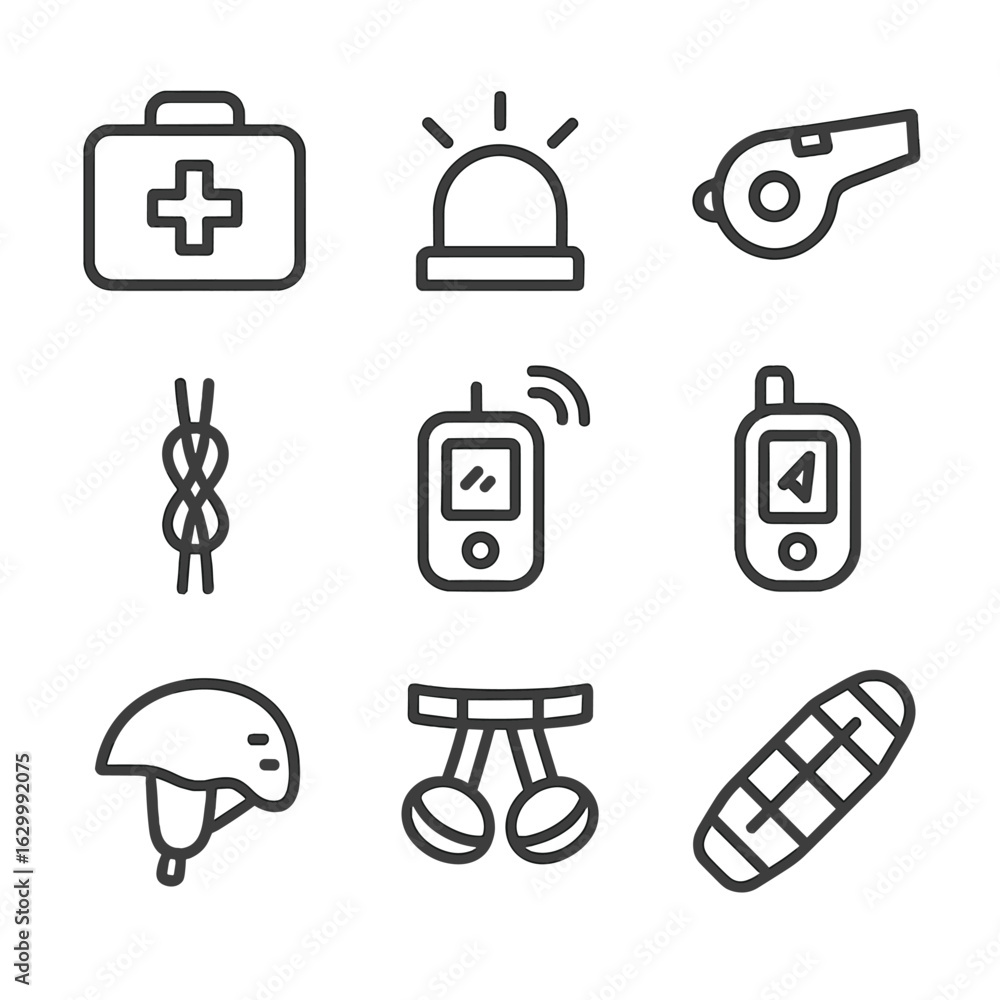 Mountain Safety Icons. Outline icon set of mountain safety: first aid kit, emergency beacon, whistle, rope knot, avalanche beacon, Mountain Safety Icons. Outline icon set of mountain safety: first aid kit, emergency beacon, whistle, rope knot, avalanche beacon,