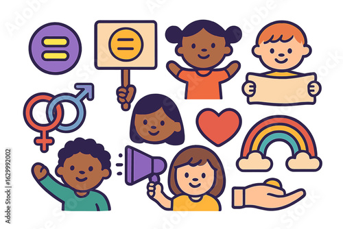 Equality Icons Rally. Flat vector mini-illustrations gender equality rally in colors children's illustrations: equality symbol,