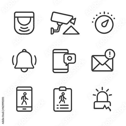 Motion Detection Icons. Outline icon set of motion detection and alerts: PIR sensor, video motion zone, sensitivity dial, alert
