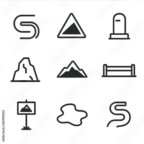 Mountain Pass Icons. Outline icon set of mountain pass road: switchback curve, steep incline marker, guard stone, rocky cliff edge
