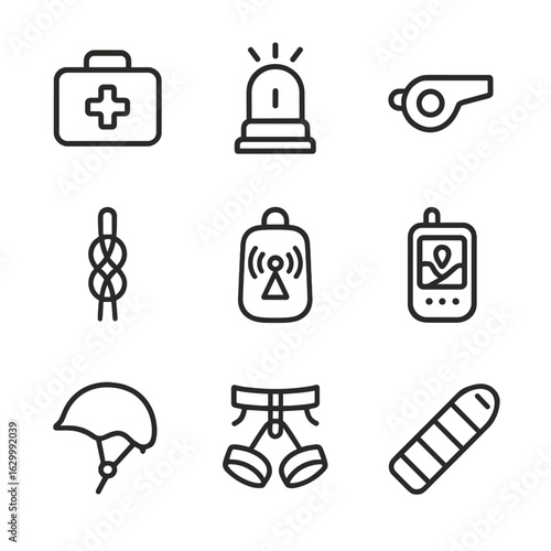 Mountain Safety Icons. Outline icon set of mountain safety: first aid kit, emergency beacon, whistle, rope knot, avalanche beacon,