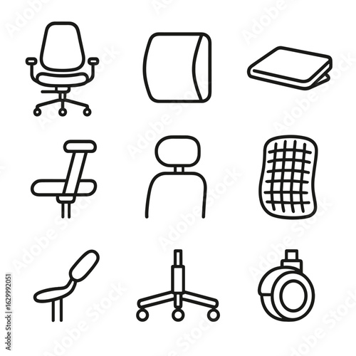 Ergonomic Seating Icons. Outline icon set of ergonomic seating accessories: ergonomic chair, lumbar cushion, footrest, adjustable