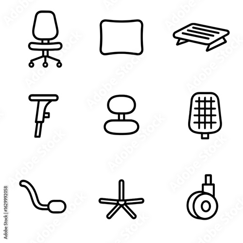Ergonomic Seating Icons. Outline icon set of ergonomic seating accessories: ergonomic chair, lumbar cushion, footrest, adjustable