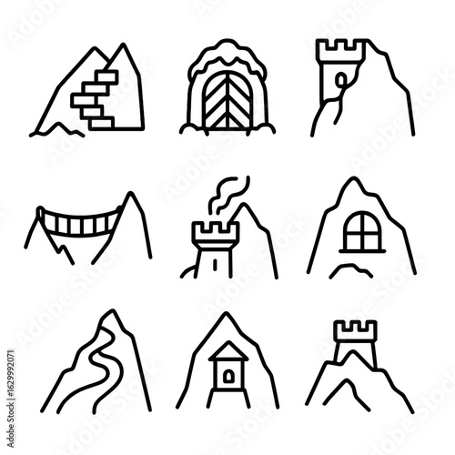 Mountain Stronghold Icons. Outline icon set of mountain strongholds: stone stairs, snowy gate, cliff face, rope bridge, chimney