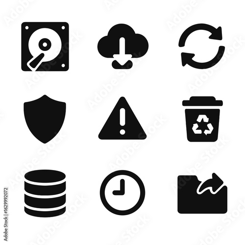 Data Recovery Icons. Solid, filled icon set of data recovery tools: hard drive, cloud download, sync arrows, shield protection,