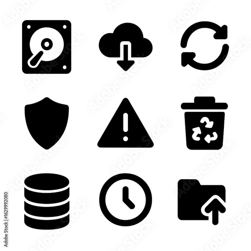 Data Recovery Icons. Solid, filled icon set of data recovery tools: hard drive, cloud download, sync arrows, shield protection,