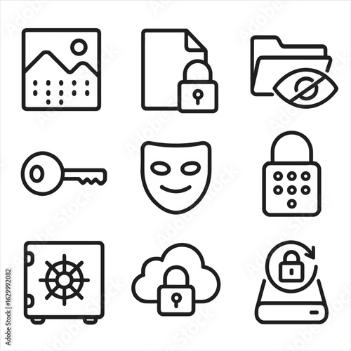 Data Security Icons. Outline icon set of data hiding and encryption: steganography, encrypted file, hidden folder, secure key,
