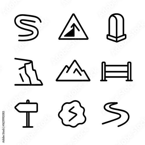 Mountain Pass Icons. Outline icon set of mountain pass road: switchback curve, steep incline marker, guard stone, rocky cliff edge