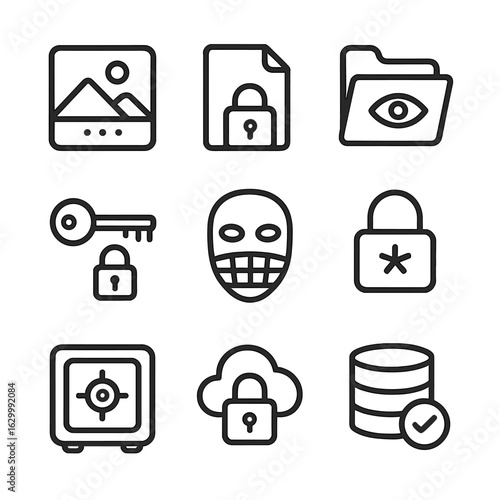 Data Security Icons. Outline icon set of data hiding and encryption: steganography, encrypted file, hidden folder, secure key,