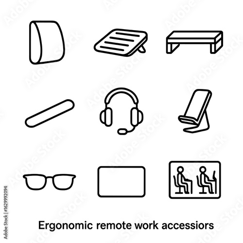 Ergonomic Work Icon Set. Outline icon set of ergonomic remote work accessories: lumbar cushion, footrest, monitor riser, wrist