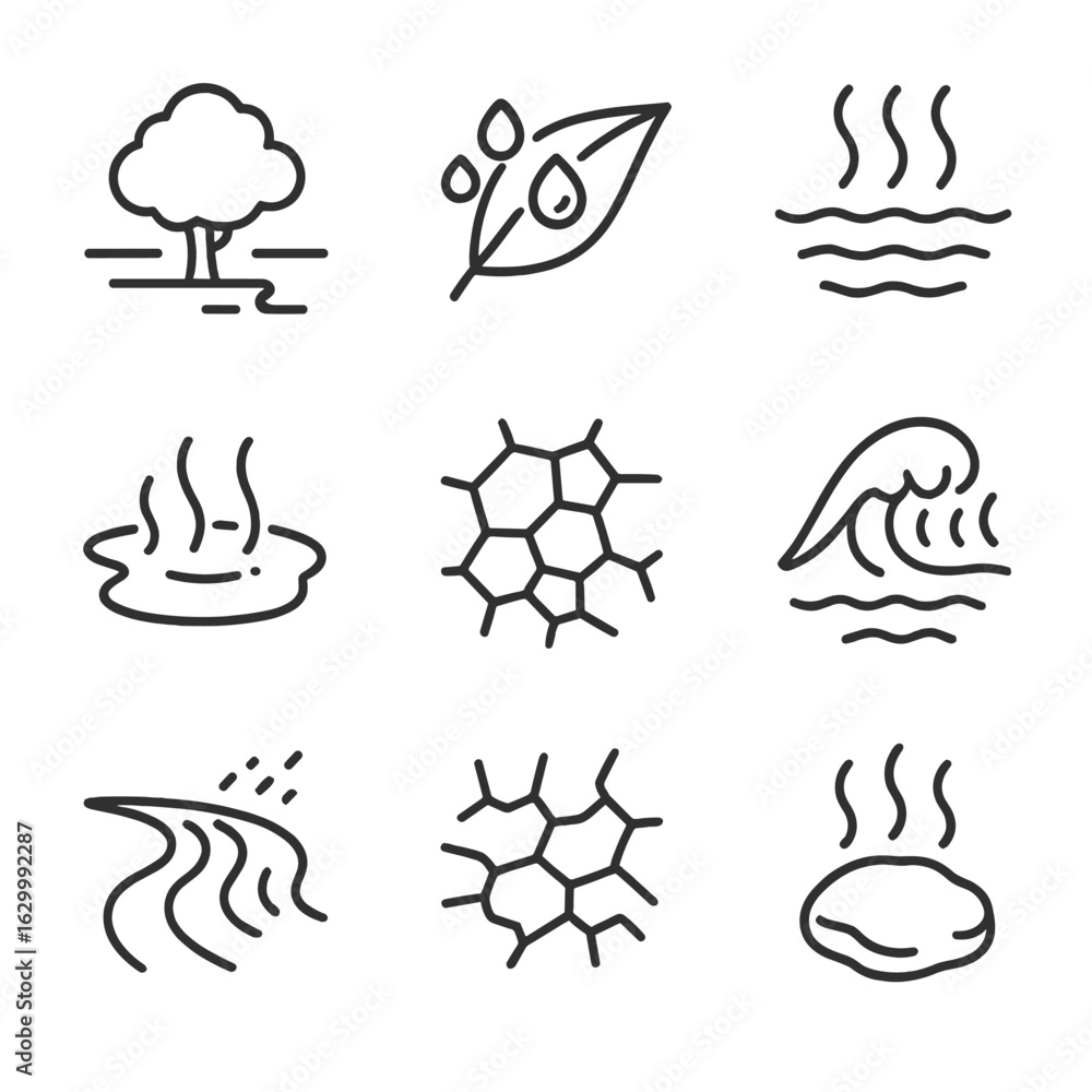 Fototapeta premium Evaporation Icon Set. Outline icon set of natural evaporation phenomena: morning mist, dew droplets on leaf, pond surface steam,