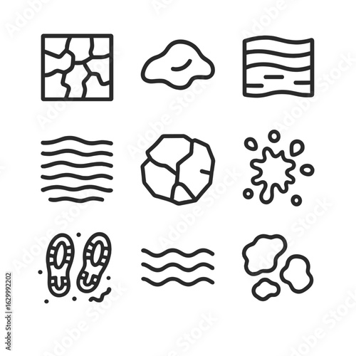 Mud Texture Icons. Outline icon set of mud textures and patterns: cracked mud, smooth mud, layered mud, muddy ripples, mud cracks,