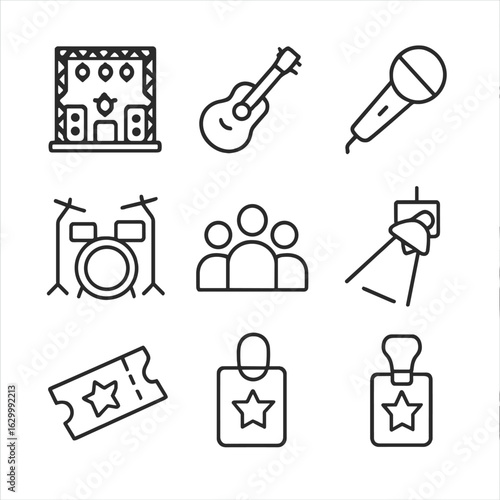 Music Concert Icons. Outline icon set of music concert scenes: stage, guitar, microphone, drum set, speaker, audience, spotlight,